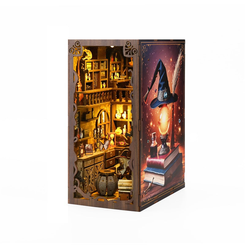 Nook Book Kit, DIY Miniature House Nookbook Dollhouse Kit, 3D Wooden Puzzles for Adults and Teens, Bookshelf Bookends Insert Decor with LED Light as Christmas Halloween Decor Gifts(Magic Pharmacist)