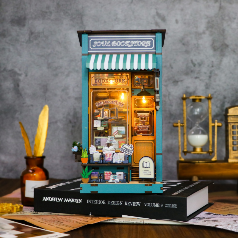 Book Nook Kit 3D Wooden Puzzle DIY Miniature House with LED Light Booknook Bookshelf Insert Decor Booknook Dollhouse Crafts Hobbies Gifts for Adults (Soul Bookstore)