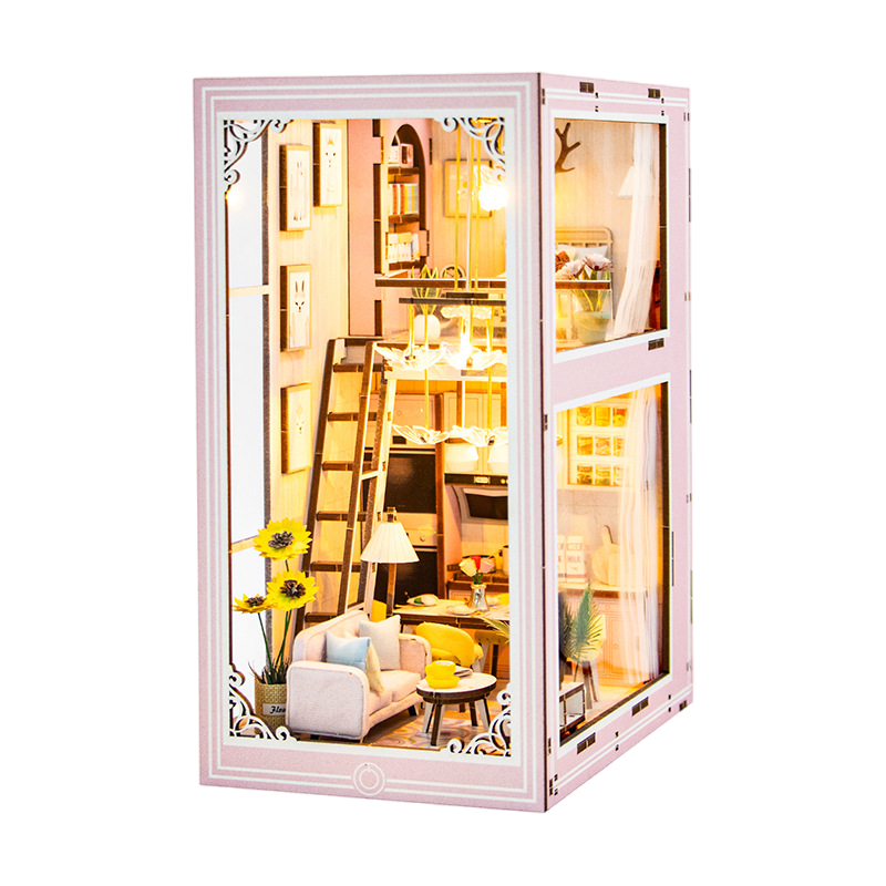 Book Nook Kit 3D Wooden Puzzle DIY Miniature House with LED Light Booknook Bookshelf Insert Decor Booknook Dollhouse Crafts Hobbies Gifts for Adults (Pink Loft)