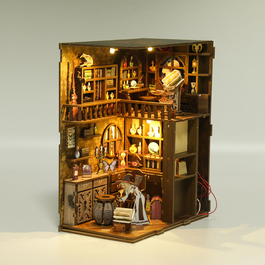 Nook Book Kit, DIY Miniature House Nookbook Dollhouse Kit, 3D Wooden Puzzles for Adults and Teens, Bookshelf Bookends Insert Decor with LED Light as Christmas Halloween Decor Gifts(Magic Pharmacist)