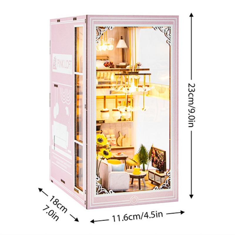 Book Nook Kit 3D Wooden Puzzle DIY Miniature House with LED Light Booknook Bookshelf Insert Decor Booknook Dollhouse Crafts Hobbies Gifts for Adults (Pink Loft)