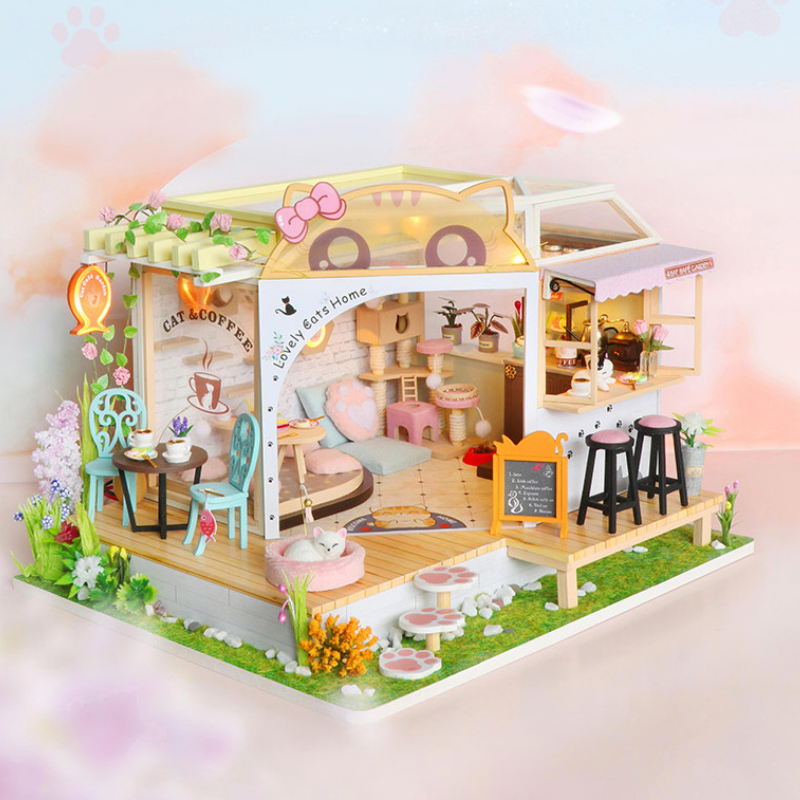 DIY Miniature Dollhouse Kit, Tiny House kit with Music, Miniature House Kit , Great Handmade Crafts Gift for Mother's Day Birthday Christmas Day,Lovely Cats' Coffee Shop