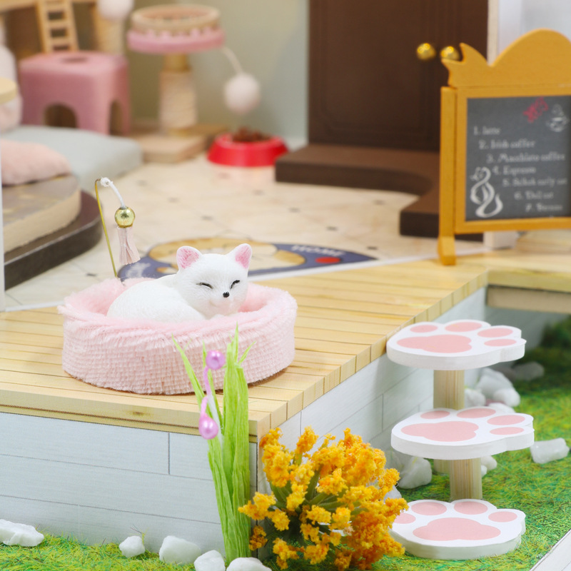 DIY Miniature Dollhouse Kit, Tiny House kit with Music, Miniature House Kit , Great Handmade Crafts Gift for Mother's Day Birthday Christmas Day,Lovely Cats' Coffee Shop