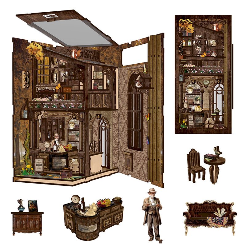 Book Nook Kit Coffee house- DIY Miniature House Dollhouse Kit for Adult and Teens, Booknook Bookshelf Decor Alley Model Build with LED Light, Gifts for Family and Friends BV02-012