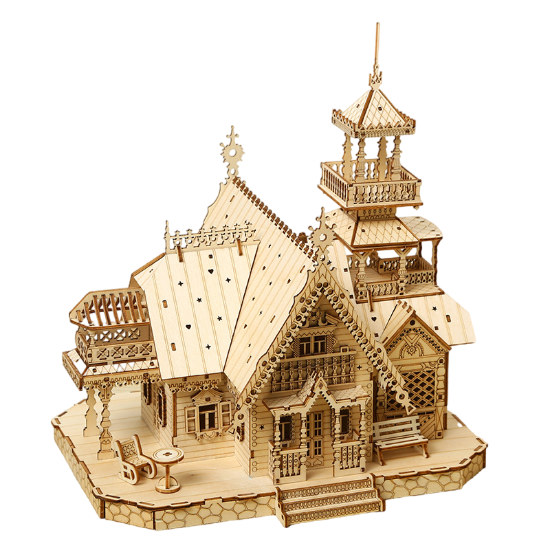 3D Wooden House Puzzles for Adults Wooden Country Villa Building Model，Featuring USB Wired LED Light and Switch; a Brain-Teasing Wooden Puzzle Game for Any Occasion (Villa)