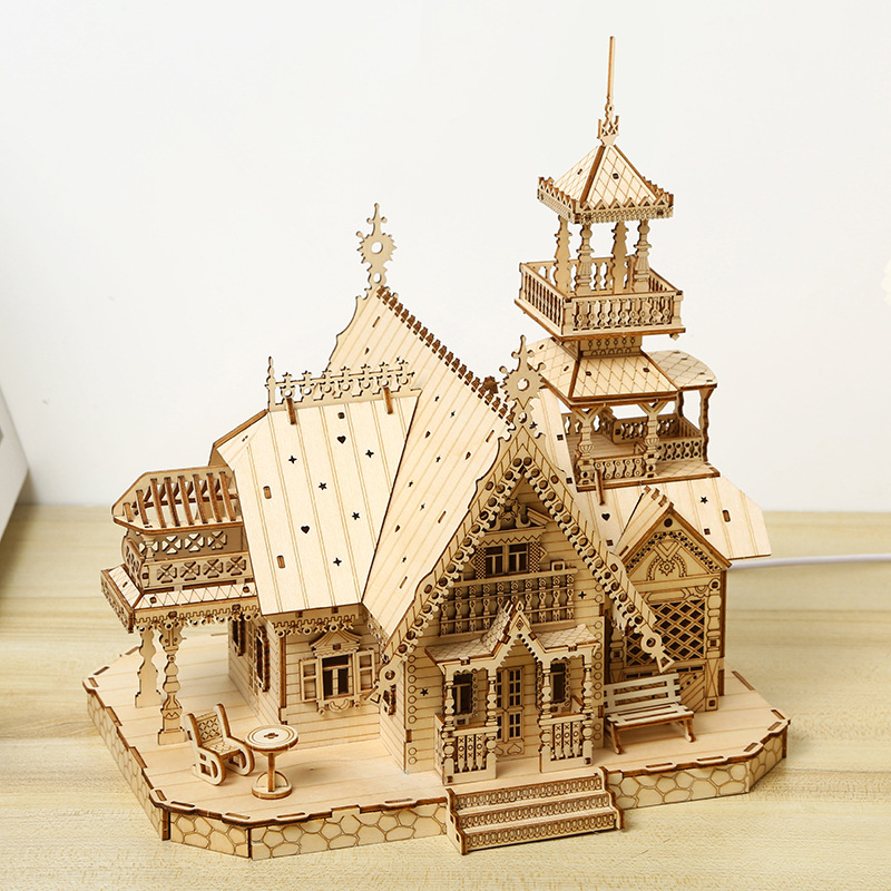 3D Wooden House Puzzles for Adults Wooden Country Villa Building Model，Featuring USB Wired LED Light and Switch; a Brain-Teasing Wooden Puzzle Game for Any Occasion (Villa)