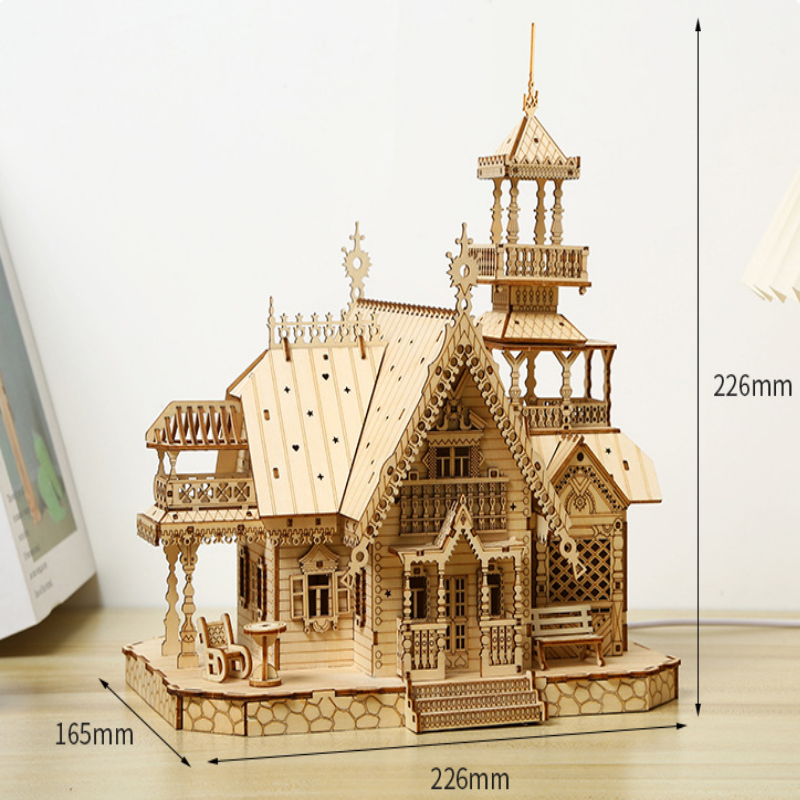 3D Wooden House Puzzles for Adults Wooden Country Villa Building Model，Featuring USB Wired LED Light and Switch; a Brain-Teasing Wooden Puzzle Game for Any Occasion (Villa)