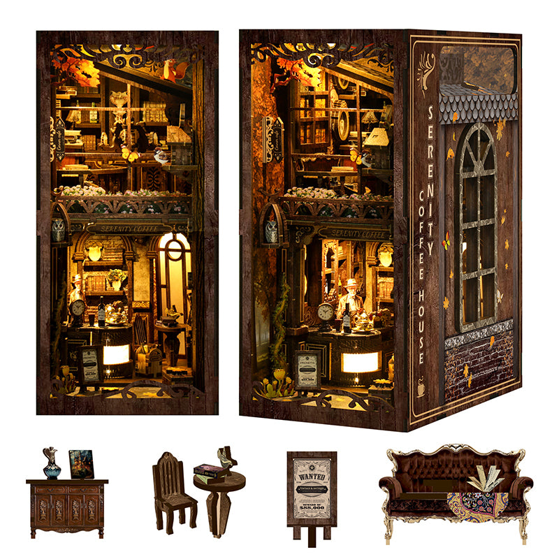 Book Nook Kit Coffee house- DIY Miniature House Dollhouse Kit for Adult and Teens, Booknook Bookshelf Decor Alley Model Build with LED Light, Gifts for Family and Friends BV02-012