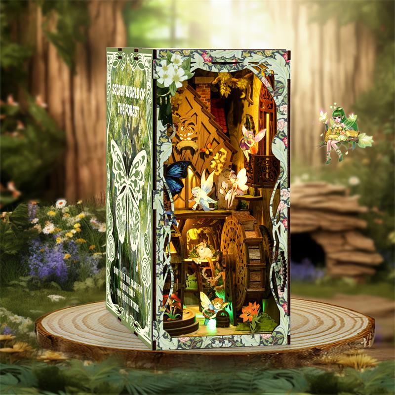 Book Nook Kit with LED - Secret world of the forest Book Nook - 3D Wooden Puzzles Book Nook for Book Shelf Decor - DIY Dollhouse Kit - Excellent for Adults