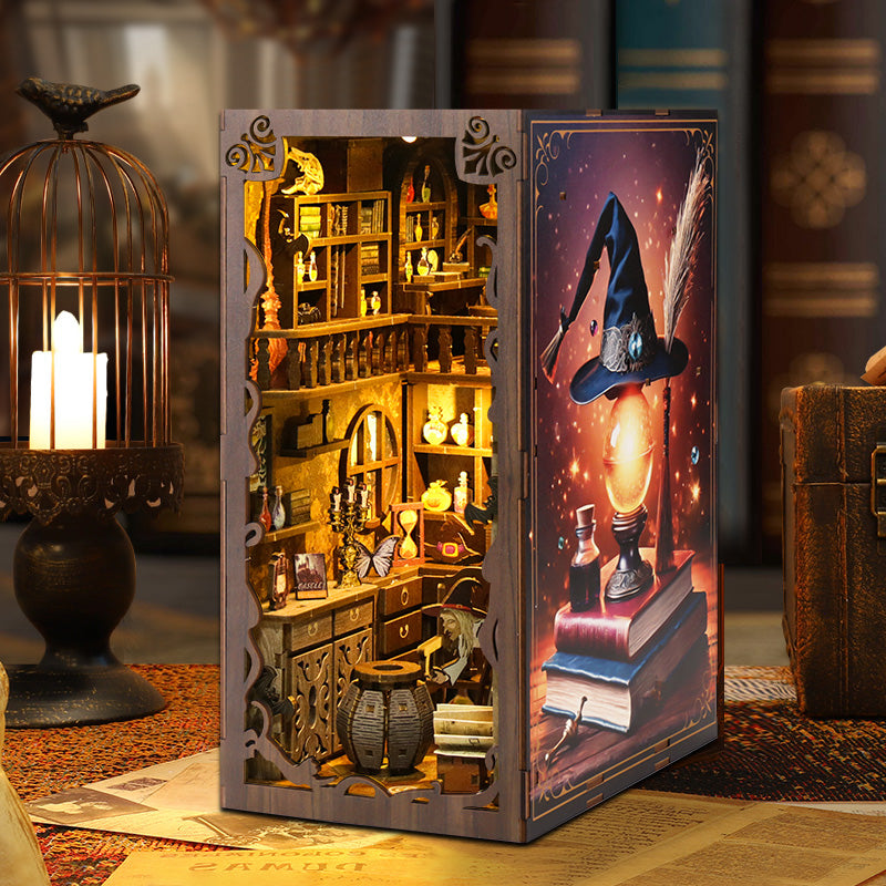 Nook Book Kit, DIY Miniature House Nookbook Dollhouse Kit, 3D Wooden Puzzles for Adults and Teens, Bookshelf Bookends Insert Decor with LED Light as Christmas Halloween Decor Gifts(Magic Pharmacist)