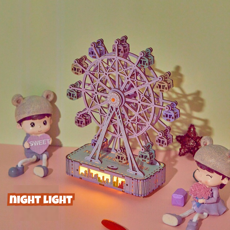 3D Wooden Puzzle for Adults with Music Box LED, coloured Ferris Wheel Model