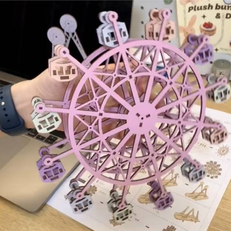 3D Wooden Puzzle for Adults with Music Box LED, coloured Ferris Wheel Model