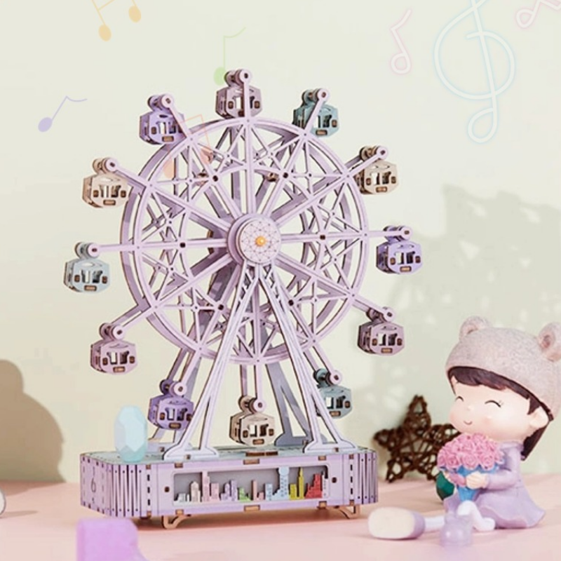 3D Wooden Puzzle for Adults with Music Box LED, coloured Ferris Wheel Model