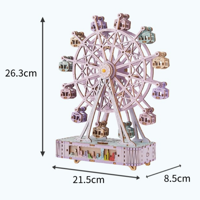 3D Wooden Puzzle for Adults with Music Box LED, coloured Ferris Wheel Model