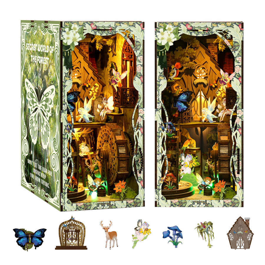 Book Nook Kit with LED - Secret world of the forest Book Nook - 3D Wooden Puzzles Book Nook for Book Shelf Decor - DIY Dollhouse Kit - Excellent for Adults