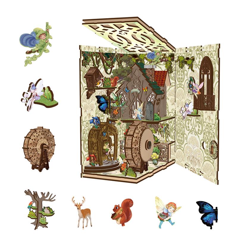 Book Nook Kit with LED - Secret world of the forest Book Nook - 3D Wooden Puzzles Book Nook for Book Shelf Decor - DIY Dollhouse Kit - Excellent for Adults