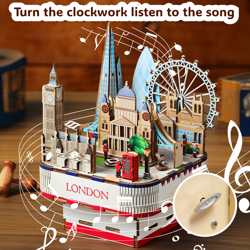 3D Wooden Puzzles for Adults, DIY Rotating Music Box, Creative Wood Model Kits, London Music Box, Rotating London Eye, Big Ben, Tower Bridge, Gifts for Boys & Girls