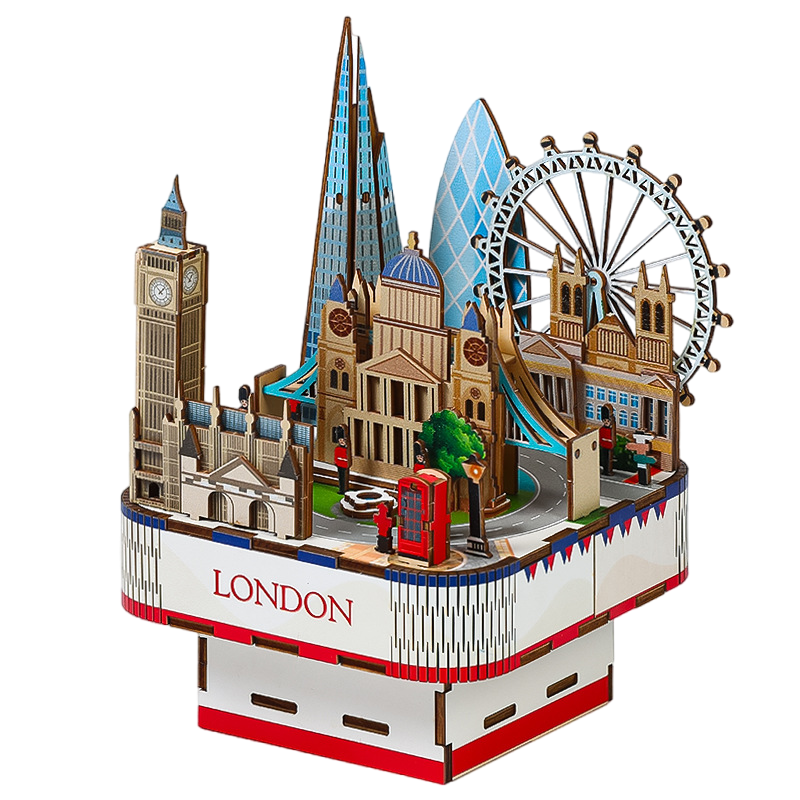 3D Wooden Puzzles for Adults, DIY Rotating Music Box, Creative Wood Model Kits, London Music Box, Rotating London Eye, Big Ben, Tower Bridge, Gifts for Boys & Girls