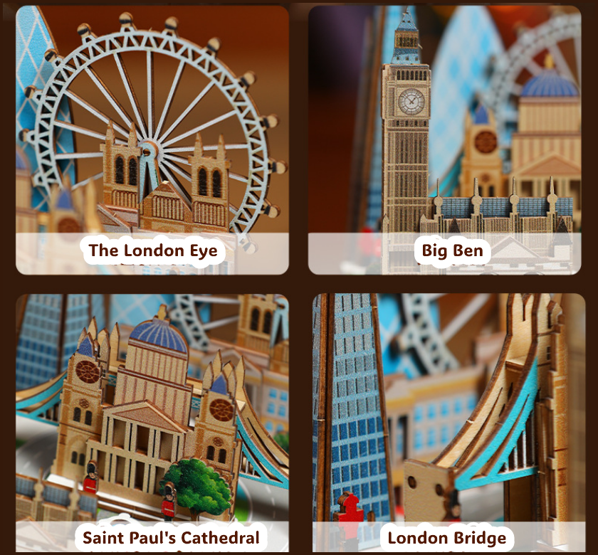 3D Wooden Puzzles for Adults, DIY Rotating Music Box, Creative Wood Model Kits, London Music Box, Rotating London Eye, Big Ben, Tower Bridge, Gifts for Boys & Girls