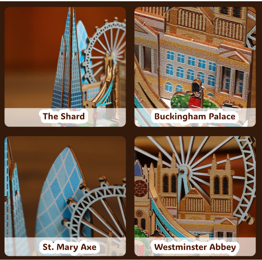 3D Wooden Puzzles for Adults, DIY Rotating Music Box, Creative Wood Model Kits, London Music Box, Rotating London Eye, Big Ben, Tower Bridge, Gifts for Boys & Girls