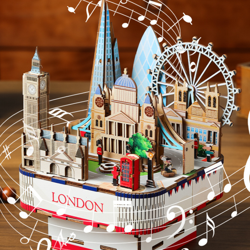 3D Wooden Puzzles for Adults, DIY Rotating Music Box, Creative Wood Model Kits, London Music Box, Rotating London Eye, Big Ben, Tower Bridge, Gifts for Boys & Girls