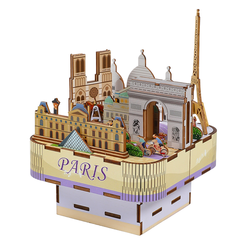 3D Wooden Puzzles for Adults, DIY Rotating Music Box, Creative Wood Model Kits, Paris Music Box, The Eiffel Tower, the Louvre, the Paris Opera,Gifts for Boys & Girls