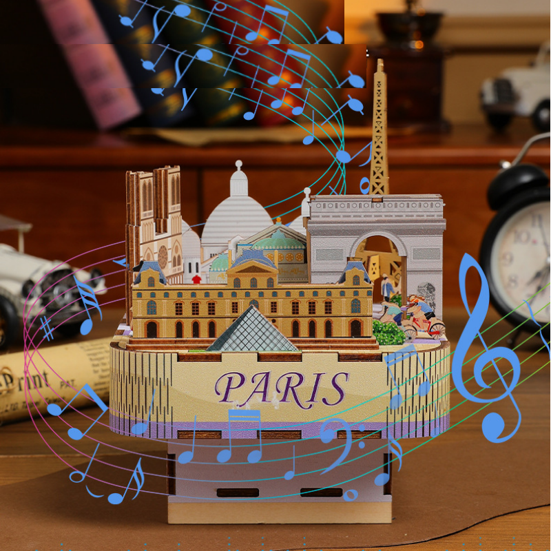 3D Wooden Puzzles for Adults, DIY Rotating Music Box, Creative Wood Model Kits, Paris Music Box, The Eiffel Tower, the Louvre, the Paris Opera,Gifts for Boys & Girls