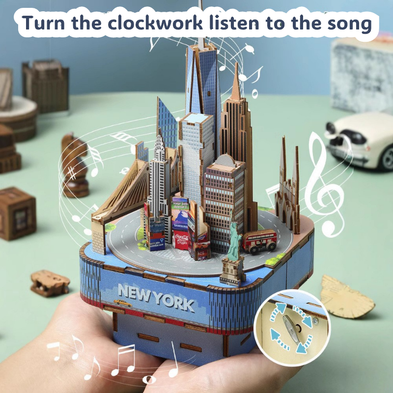 3D Wooden Puzzles for Adults, DIY Rotating Music Box, Creative Wood Model Kits, New York Music Box, Times Square, the Empire State Building, Gifts for Boys & Girls