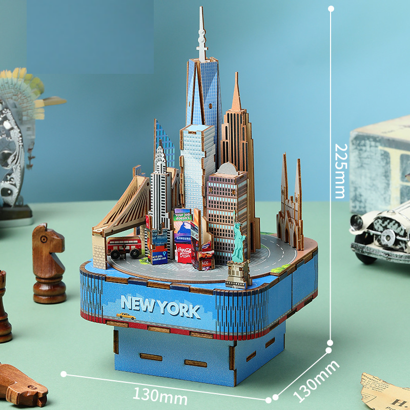 3D Wooden Puzzles for Adults, DIY Rotating Music Box, Creative Wood Model Kits, New York Music Box, Times Square, the Empire State Building, Gifts for Boys & Girls