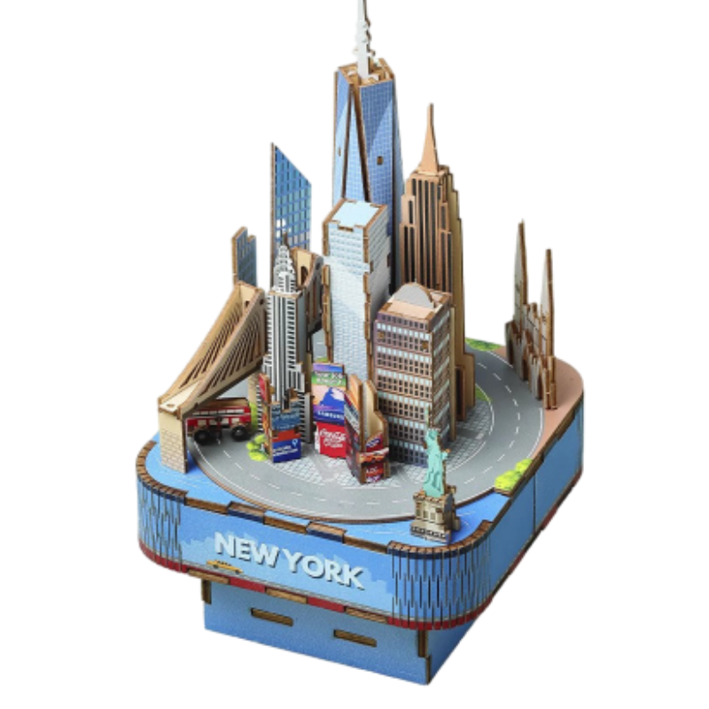 3D Wooden Puzzles for Adults, DIY Rotating Music Box, Creative Wood Model Kits, New York Music Box, Times Square, the Empire State Building, Gifts for Boys & Girls